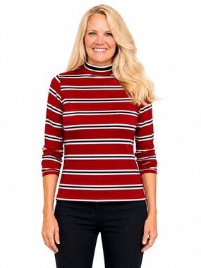 Organic Cotton Striped Mock Neck Top | Red Navy Stripe